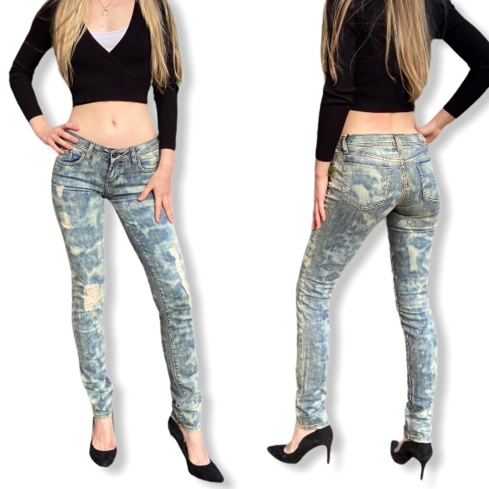 Y2K Low Rise Jeans Distressed Skinny Tie Dye Blue